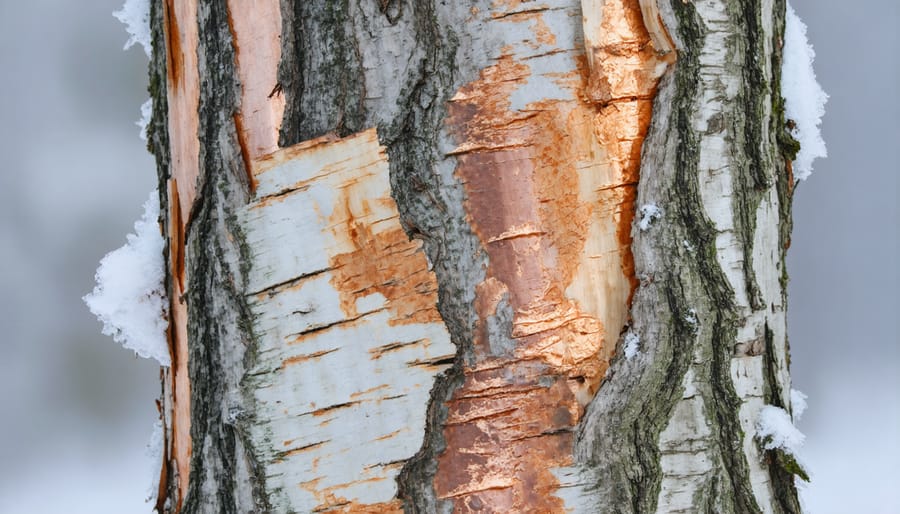 Close-up of River Birch tree trunk showing exfoliating bark texture and winter snow