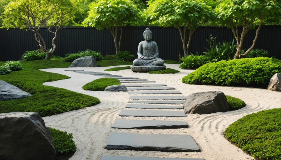 Peaceful Zen garden featuring concentric sand patterns and a central stone path