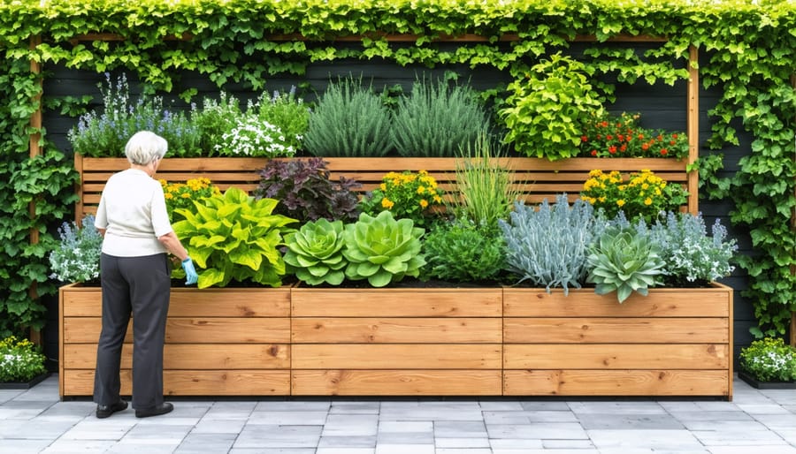 Accessible raised garden bed showing comfortable height for elderly gardening without bending