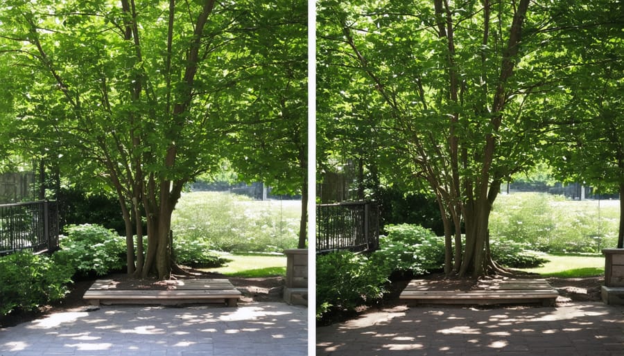 Side-by-side comparison of a shade garden before and after strategic canopy pruning