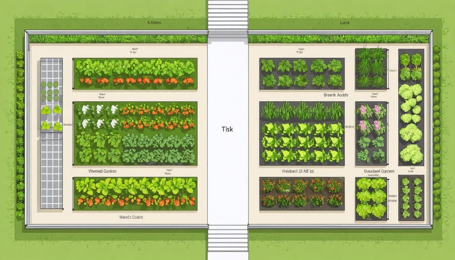 Overhead view diagram of 4x8 raised bed layout with vegetable placement and spacing