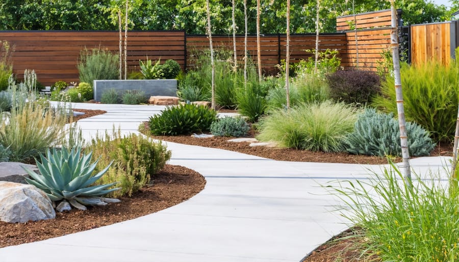 A modern garden showcasing a mix of drought-tolerant native plants and ornamental grasses, with pathways covered in mulch and a drip irrigation system in place, illustrating efficient water-saving design and technology.