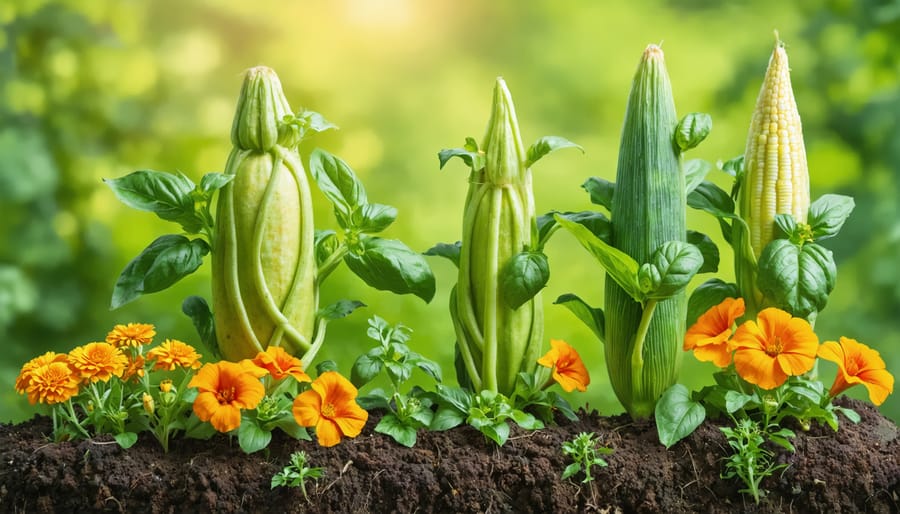 A spaghetti squash garden displaying tall corn providing support for climbing vines, surrounded by basil, oregano, marigolds, and nasturtiums, illustrating a balanced ecosystem through companion planting.