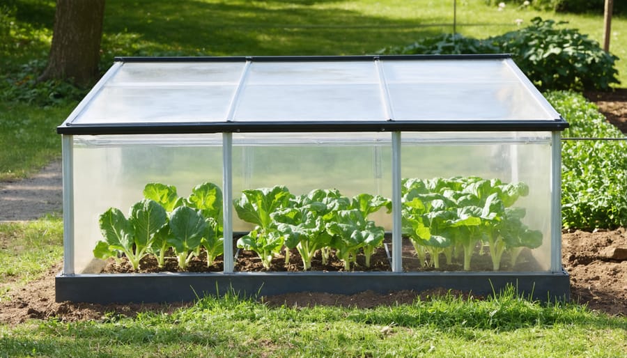 Glass cold frame with young lettuce and spinach plants growing inside
