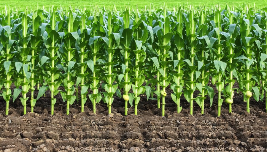 Corn stalks with pole beans climbing up them and squash plants providing ground cover in a Three Sisters garden
