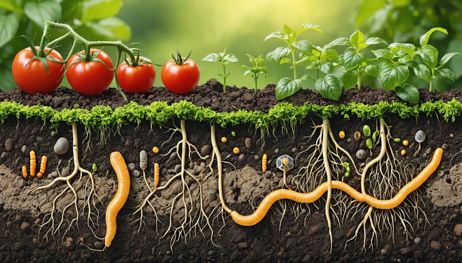 Cross-section of healthy garden soil showing dark, rich layers teeming with microorganisms, roots, and thriving plant life above.