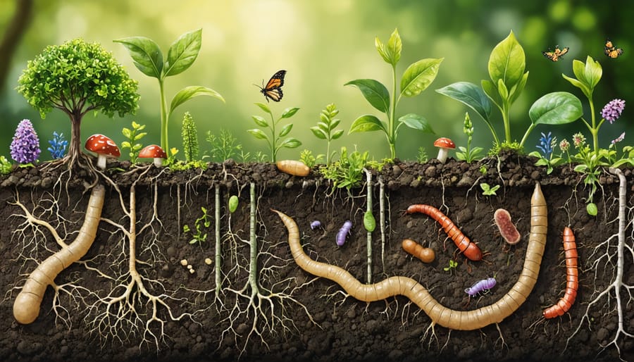 Detailed cross-section illustration of a healthy soil ecosystem filled with diverse microorganisms, earthworms, beetles, and interacting plant roots, highlighting the biodiversity essential for a thriving garden.