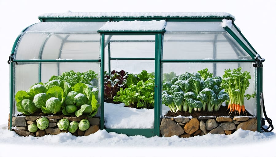 A vibrant winter garden with thriving crops like kale, Brussels sprouts, and carrots growing under snow with hoop houses and thermal mass solutions.