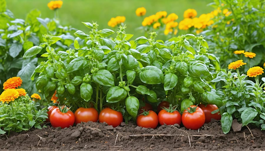 A thriving garden bed featuring tomato plants surrounded by lush basil and bright marigold flowers, illustrating their beneficial companion planting relationship.