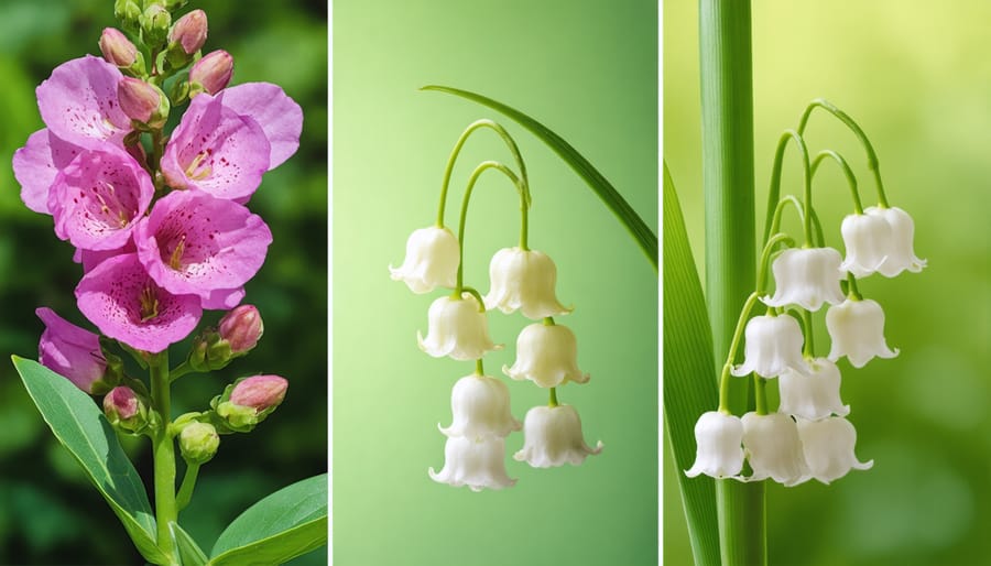 Composite image showing toxic garden flowers: pink oleander blooms, purple foxglove spires, and white lily of the valley bells