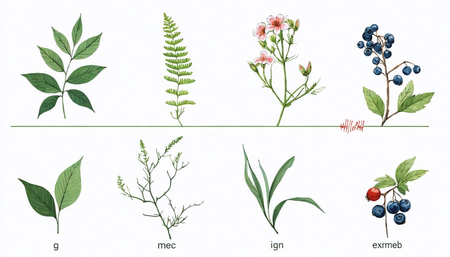 Labeled illustration highlighting dangerous plant features including toxic berries, leaves, and flowers