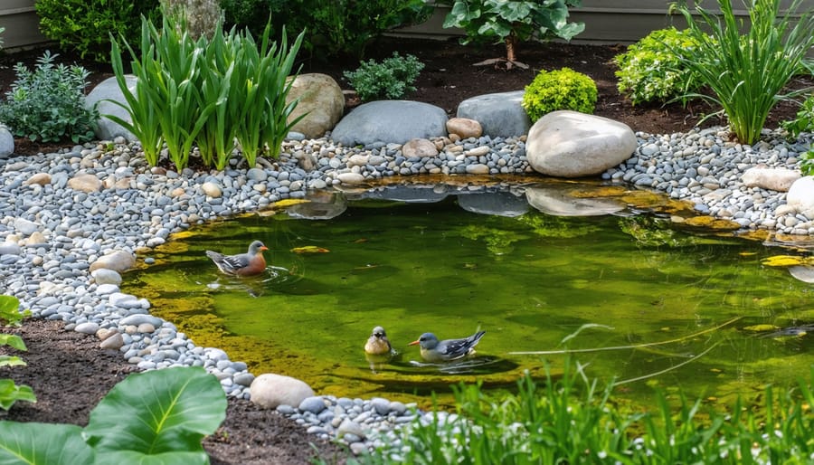 Wildlife-friendly garden pond with birds using the shallow entry point