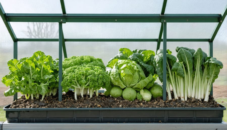 Cold frame protecting winter vegetables with snow visible around the edges