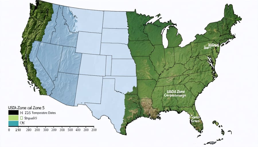 Map showing Zone 5 regions across North America with frost dates and temperature ranges