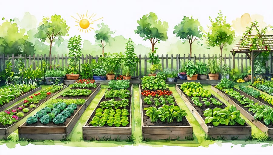Conceptual illustration of a Zone 5 vegetable garden, displaying seasonal variety and planting strategies, with vibrant vegetables and raised beds depicting year-round growth and microclimate adaptations.