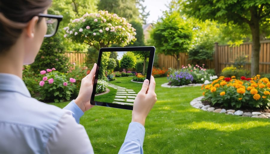 "Gardener using a tablet to visualize a virtual augmented reality garden with mature plants overlaying an empty yard."