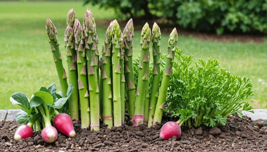 Healthy asparagus ferns and rhubarb plants showing typical growth in a perennial vegetable garden