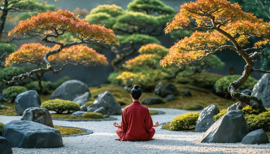 Individual in meditation pose on a stone bench surrounded by red Japanese maple trees