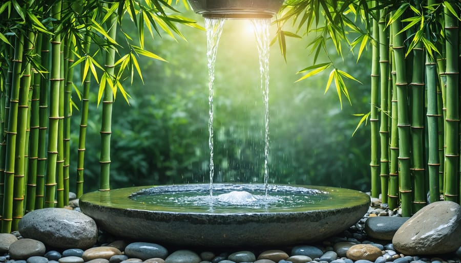 Japanese bamboo fountain pouring water into a stone basin surrounded by moss