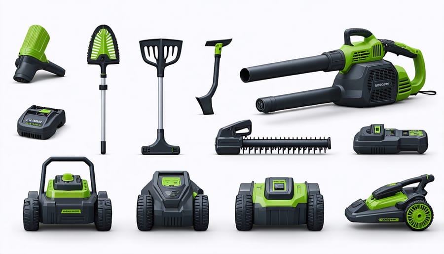 Display of various battery-powered garden tools with charging stations