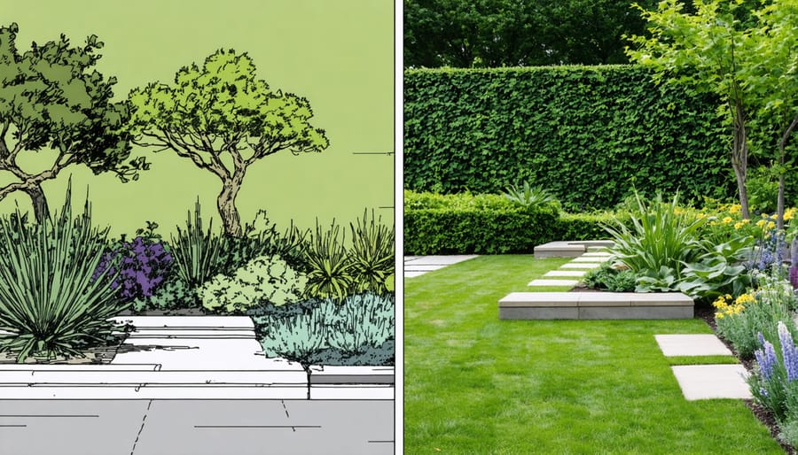 Side-by-side comparison of traditional and climate-resilient garden designs