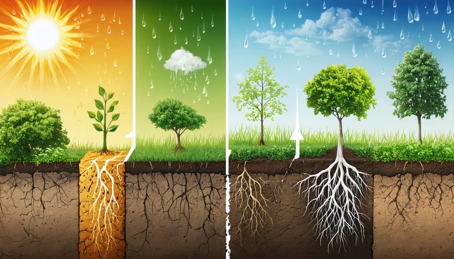 Conceptual illustration showing a garden cross-section with elements representing wet, dry, and temperate climates. The image depicts how rain, sun, wind, and plant roots interact with soil layers, illustrating the impact of climate on soil formation.