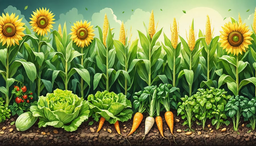 Illustration of a garden showcasing corn stalks shading lettuce, with vibrant squash vines and mixed root vegetables like carrots and basil, demonstrating climate-smart companion planting.