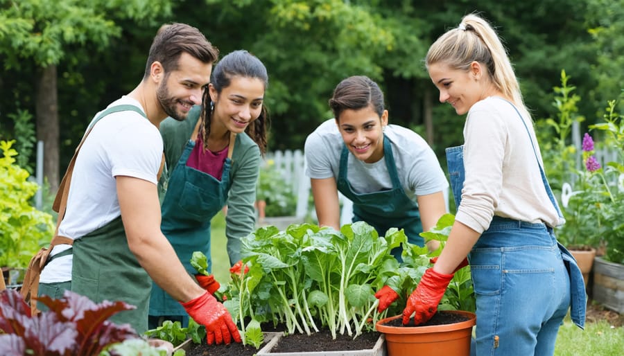 Multi-generational group tending to a shared urban community garden with raised beds