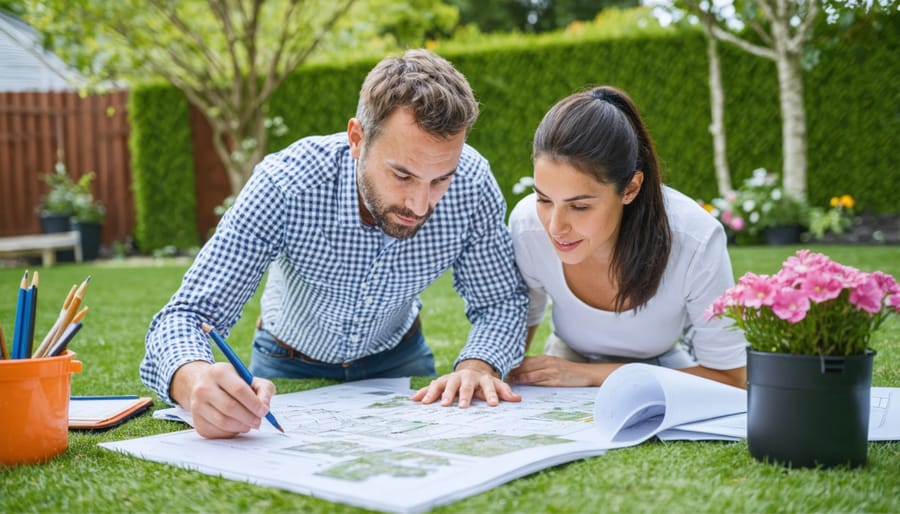 Professional garden consultant and homeowner discussing custom garden design plans outdoors