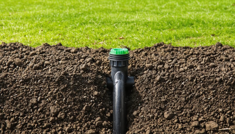 Detailed view of drip irrigation tubing and emitters nestled in brown mulch around plants