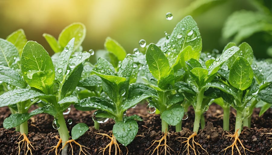 Detailed view of drip irrigation emitters watering herb plants
