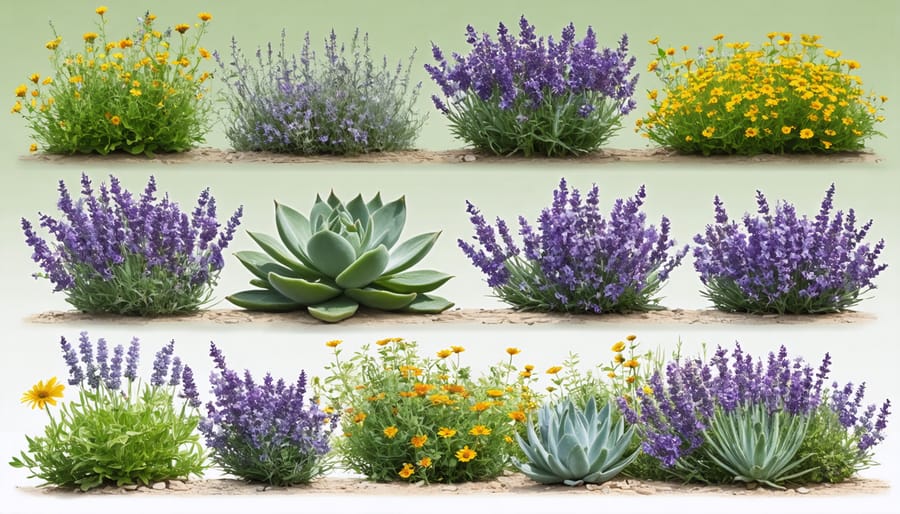 Beautiful drought-resistant garden featuring purple lavender, blue sage, and colorful native flowers