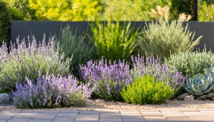 Variety of drought-resistant plants growing in a xeriscape garden setting