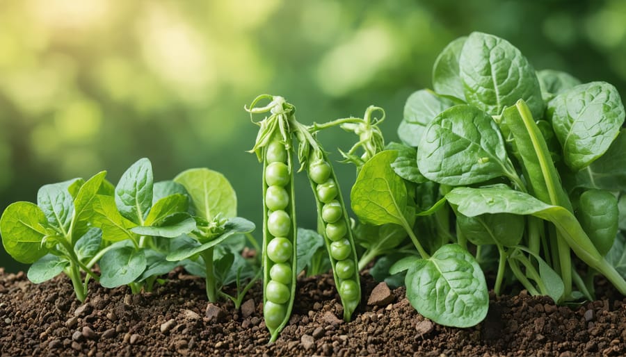 Early spring vegetable garden with climbing peas and young spinach plants growing together