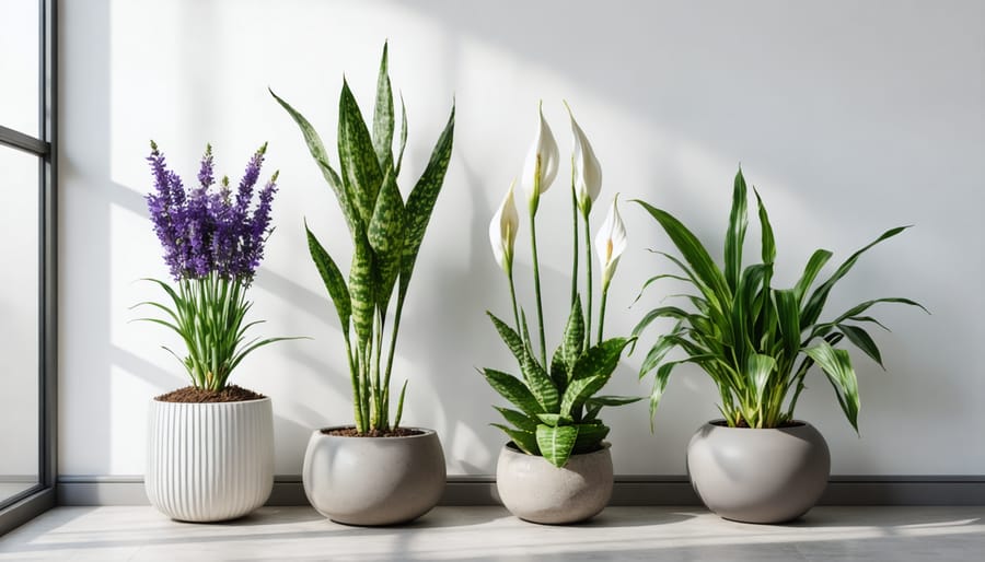 Arrangement of mood-boosting indoor plants including lavender, snake plant, peace lily, and aloe vera