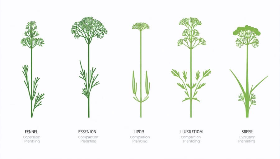 Garden layout diagram showing recommended spacing between fennel and companion plants