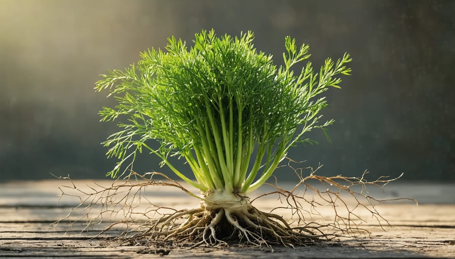 Cross-section view of fennel plant showing deep root structure in soil