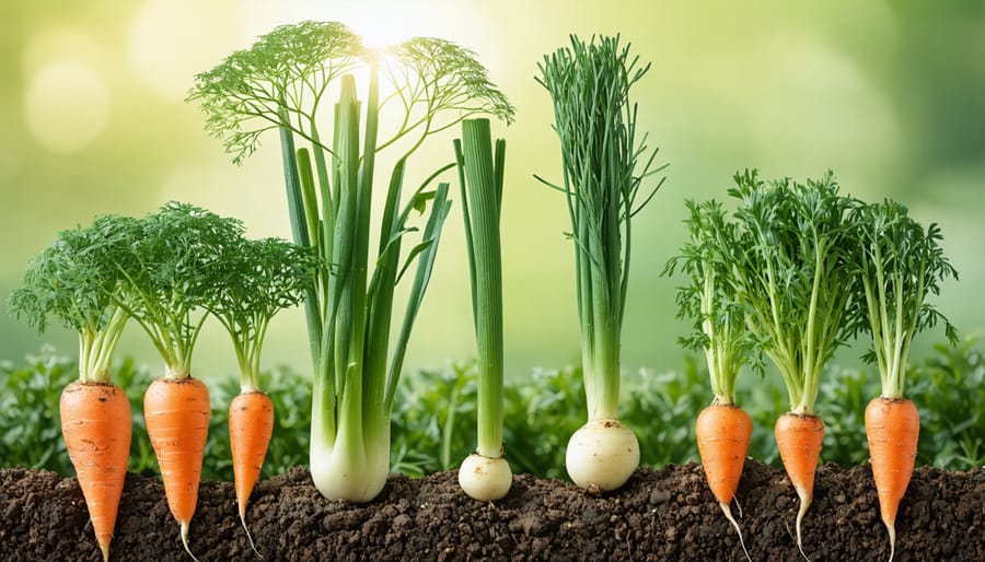 Healthy garden bed with fennel and companion root vegetables growing together