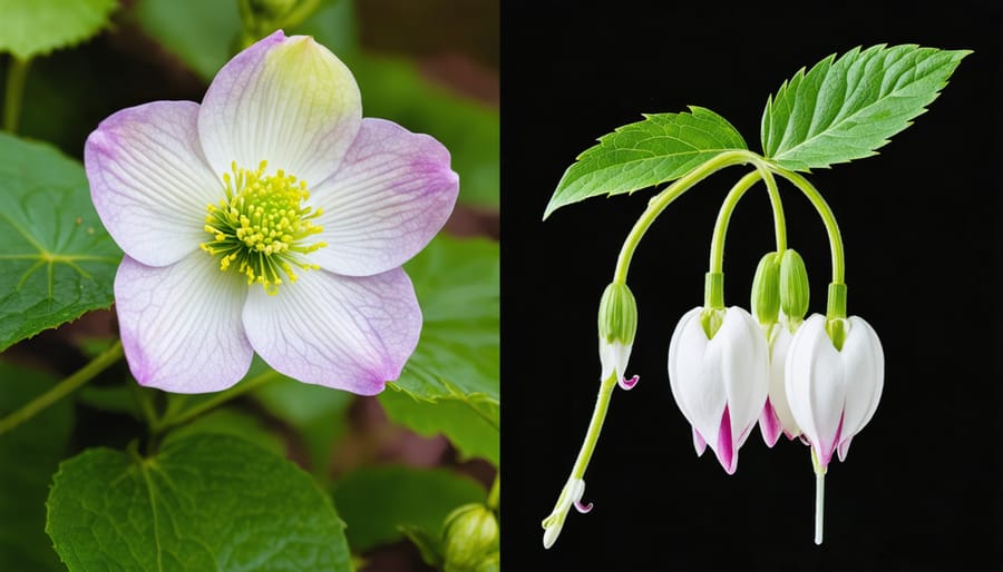 Side-by-side photos of hellebores and bleeding heart flowers growing in a shaded garden
