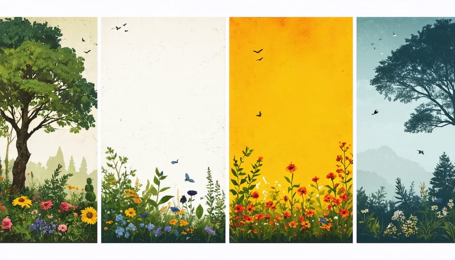 Four-panel image showing progression of a Minnesota native garden from spring through winter