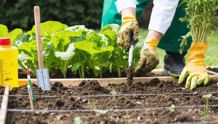 Professional garden consultant performing soil testing and site analysis in a home vegetable garden