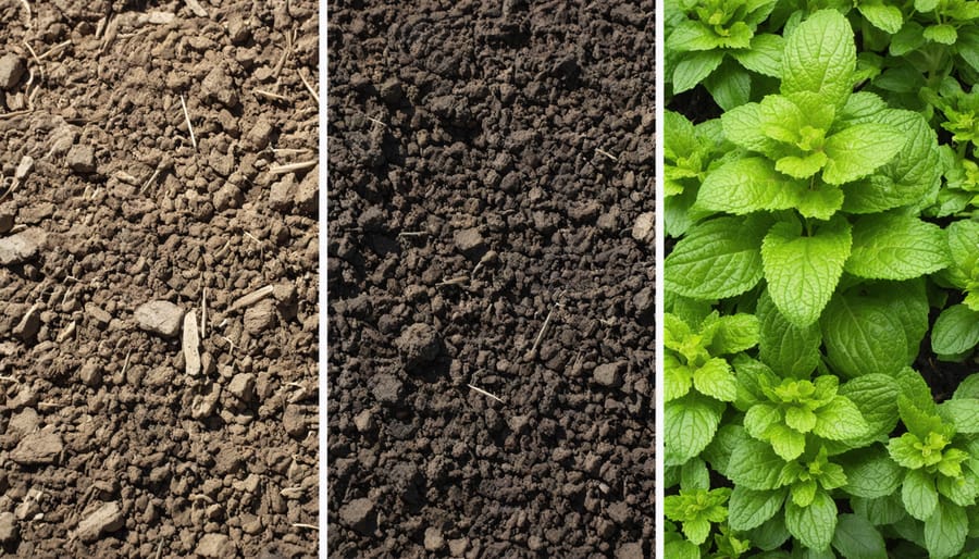 Side-by-side comparison of various mulching materials applied to herb garden beds