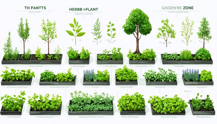 Aerial view of an organized herb garden with plants grouped into distinct watering zones