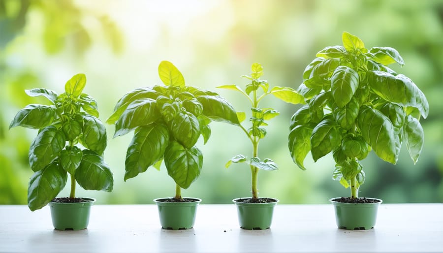 Hands demonstrating correct pruning technique on a container-grown basil plant