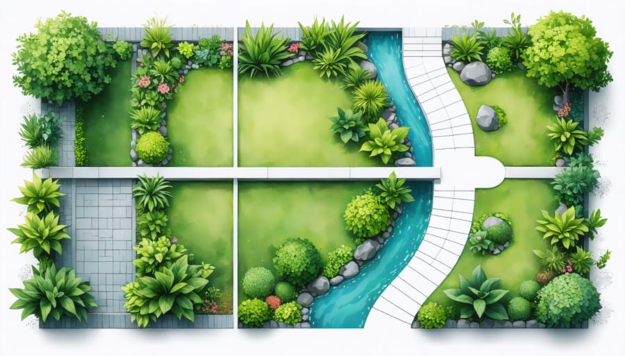 Illustrated garden plan showing different water usage zones marked by color coding