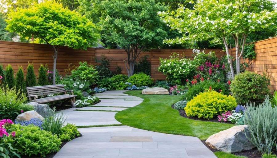 An elegantly designed backyard landscape showcasing a harmonious arrangement of trees, shrubs, and ground cover, complemented by pathways and benches, creating a visually appealing and balanced environment.
