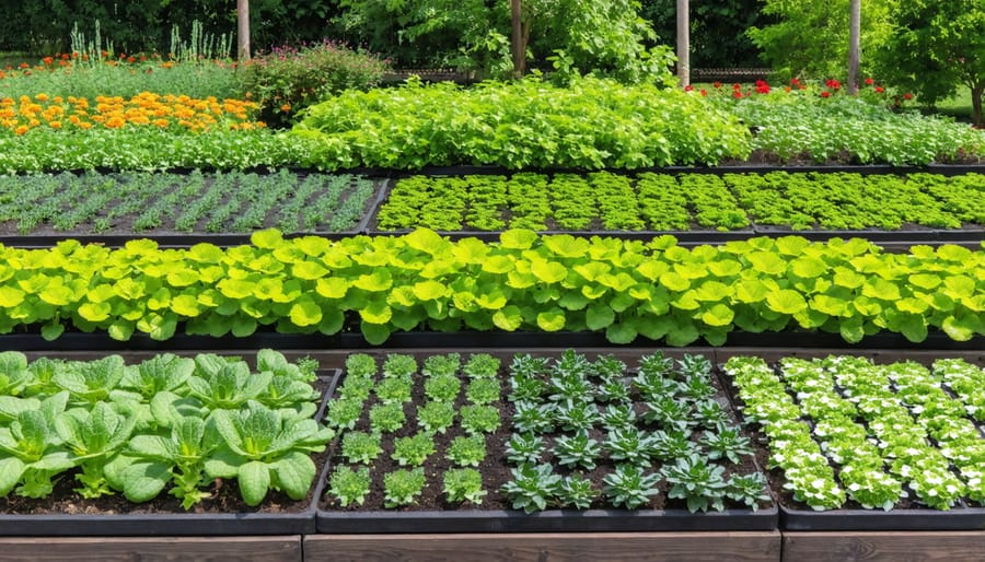 Neatly arranged garden beds with labeled sections for medicinal herbs and plants