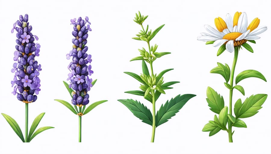 Various flowering medicinal plants growing together in a garden setting