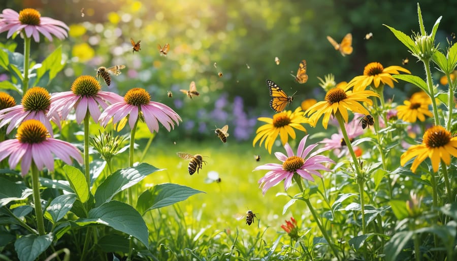 A colorful Minnesota native pollinator garden with bees and butterflies among blooming Purple Coneflowers, Black-Eyed Susans, and Wild Bergamot, illustrating the transformation of a backyard into a pollinator habitat.