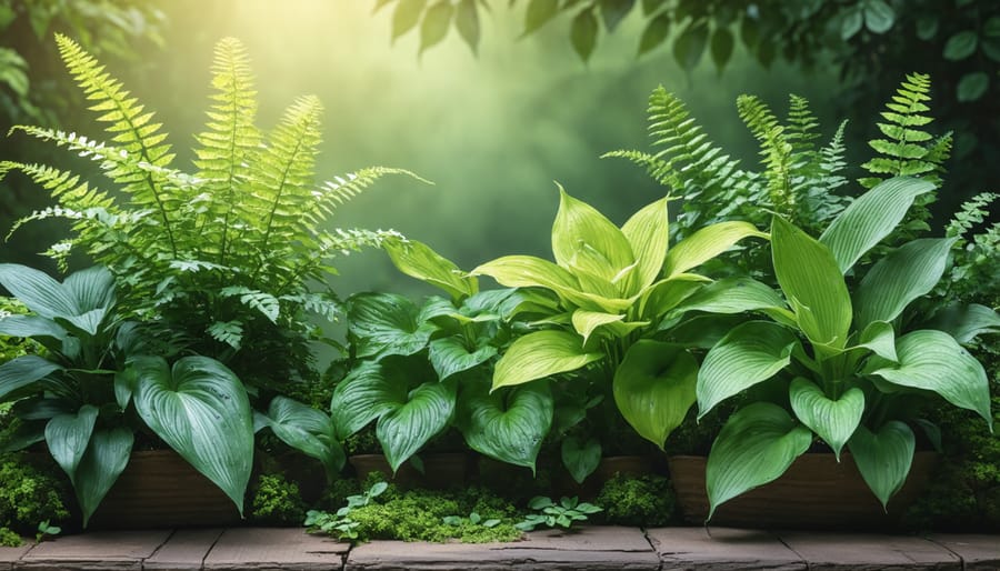 Lush shade garden display featuring various ground covers and ferns in a natural setting